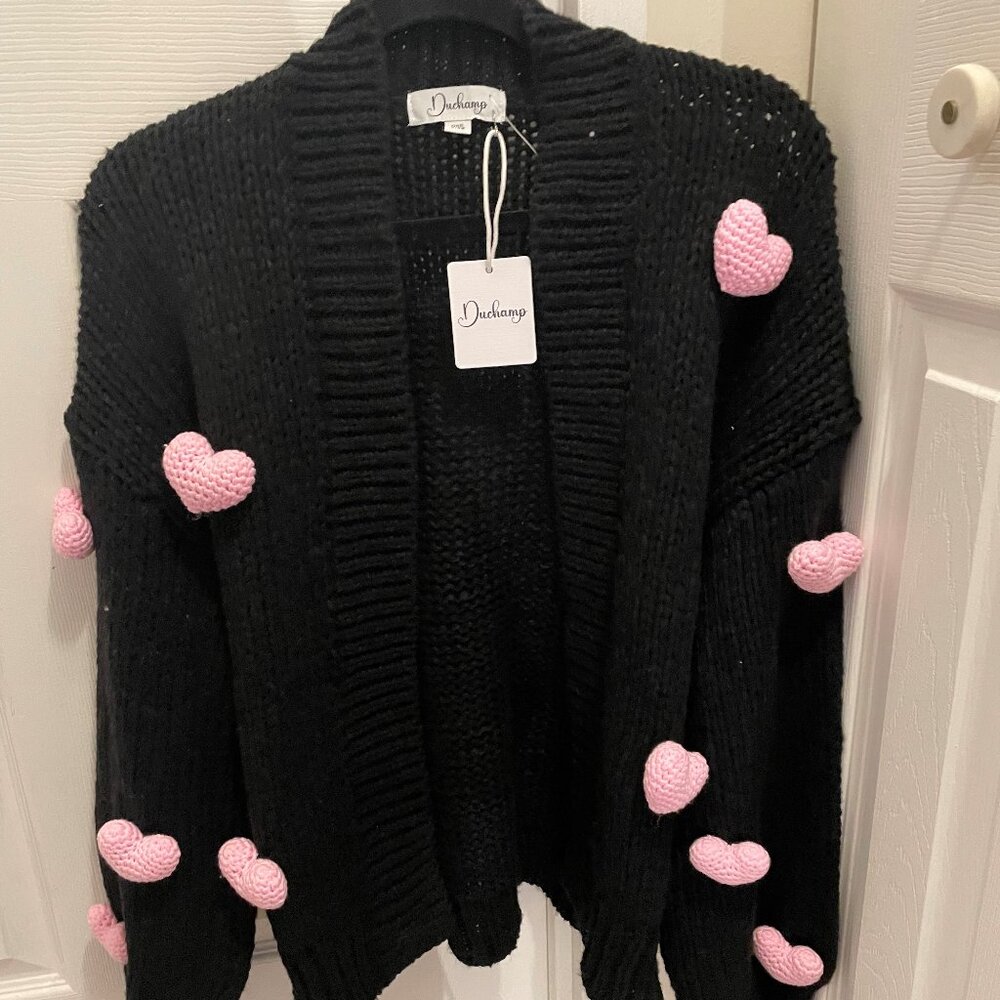DUCHAMP EMBROIDERED 3D HEART KNIT CARDIGAN SWEATER ANTHROPOLOGIE